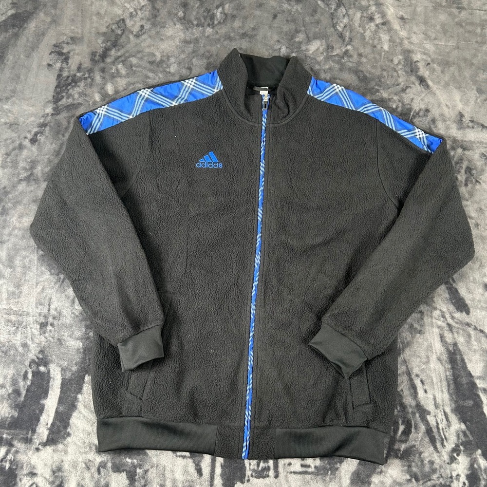 Adidas Track Jacket Mens XL Black Blue Plaid Sherpa Fleece Full Zip 3317